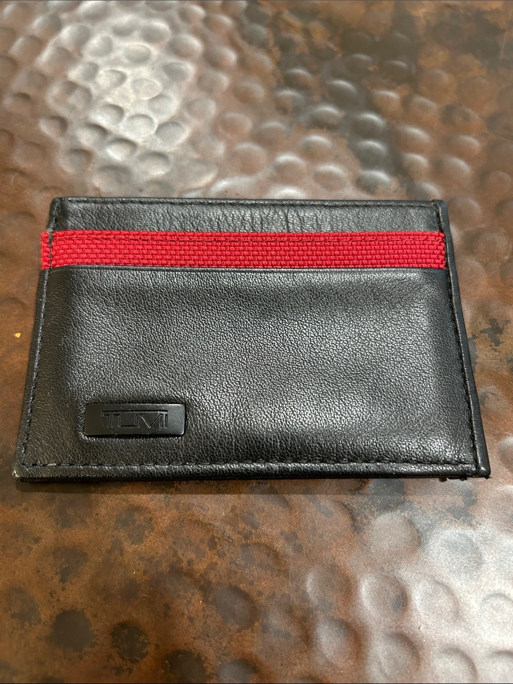 Tumi Black Leather Card Sleeve with Red Webbing